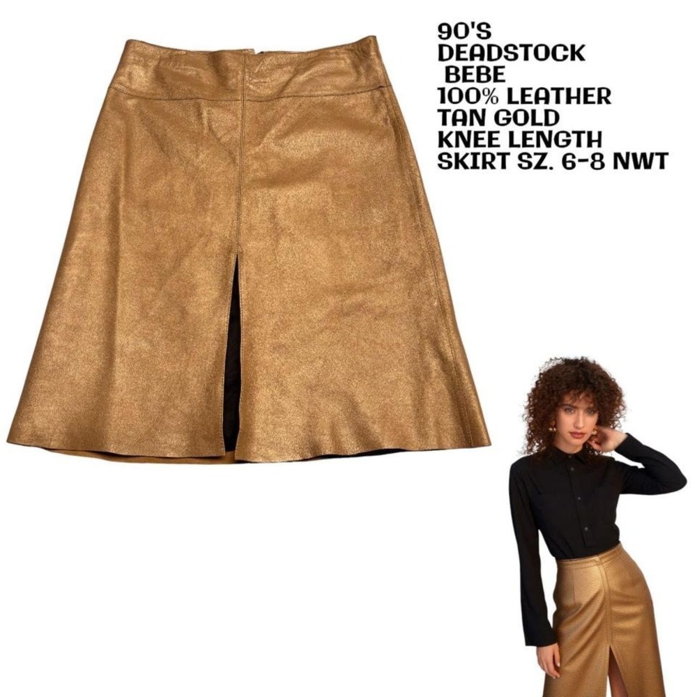 90'S DEADSTOCK BEBE 100% GENUINE LEATHER TAN/GOLD SKIRT SZ. 6-8‎ NWT